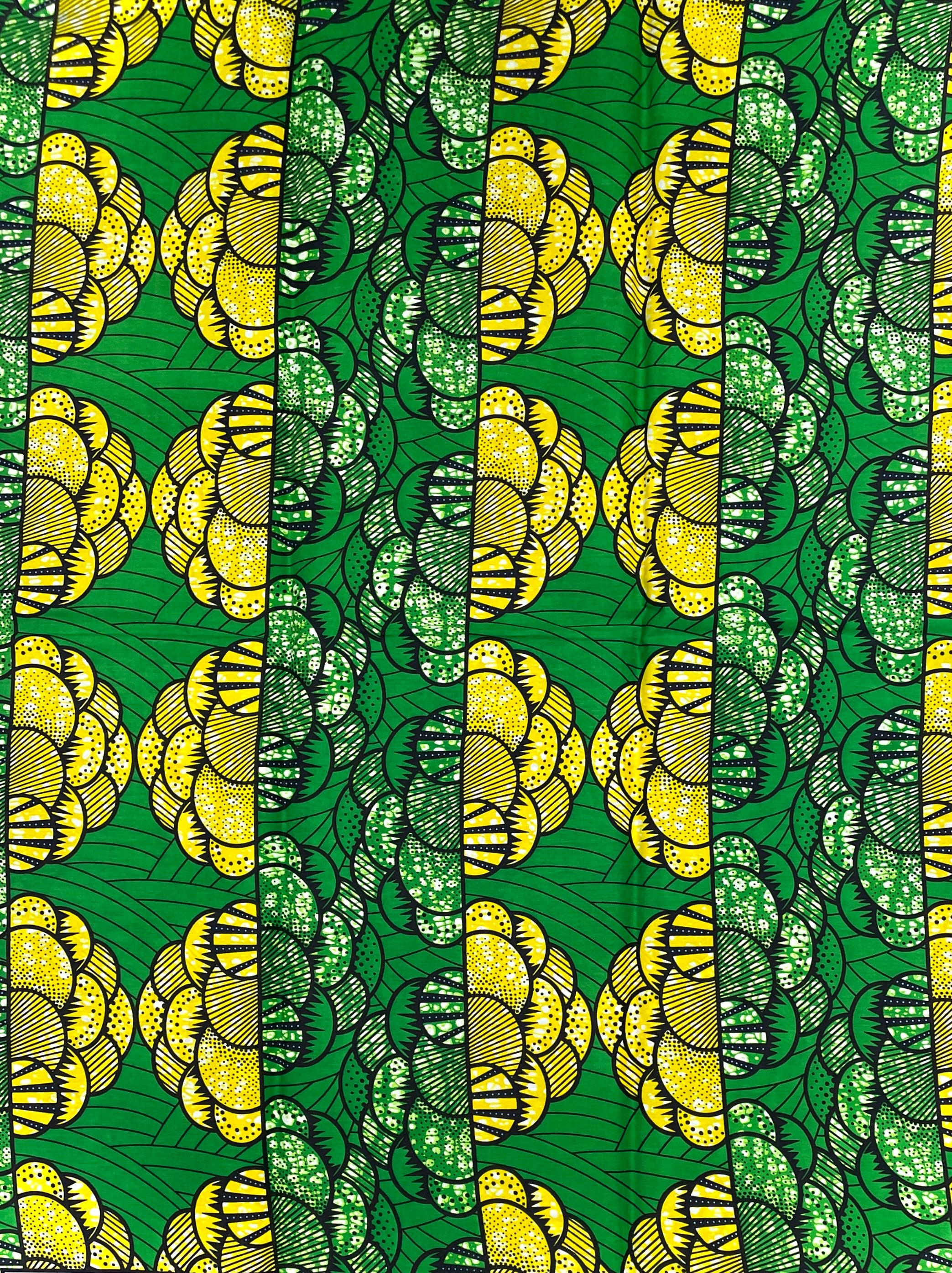 Wax Pagne Africain - Tissu 100% Coton - VERT / JAUNE