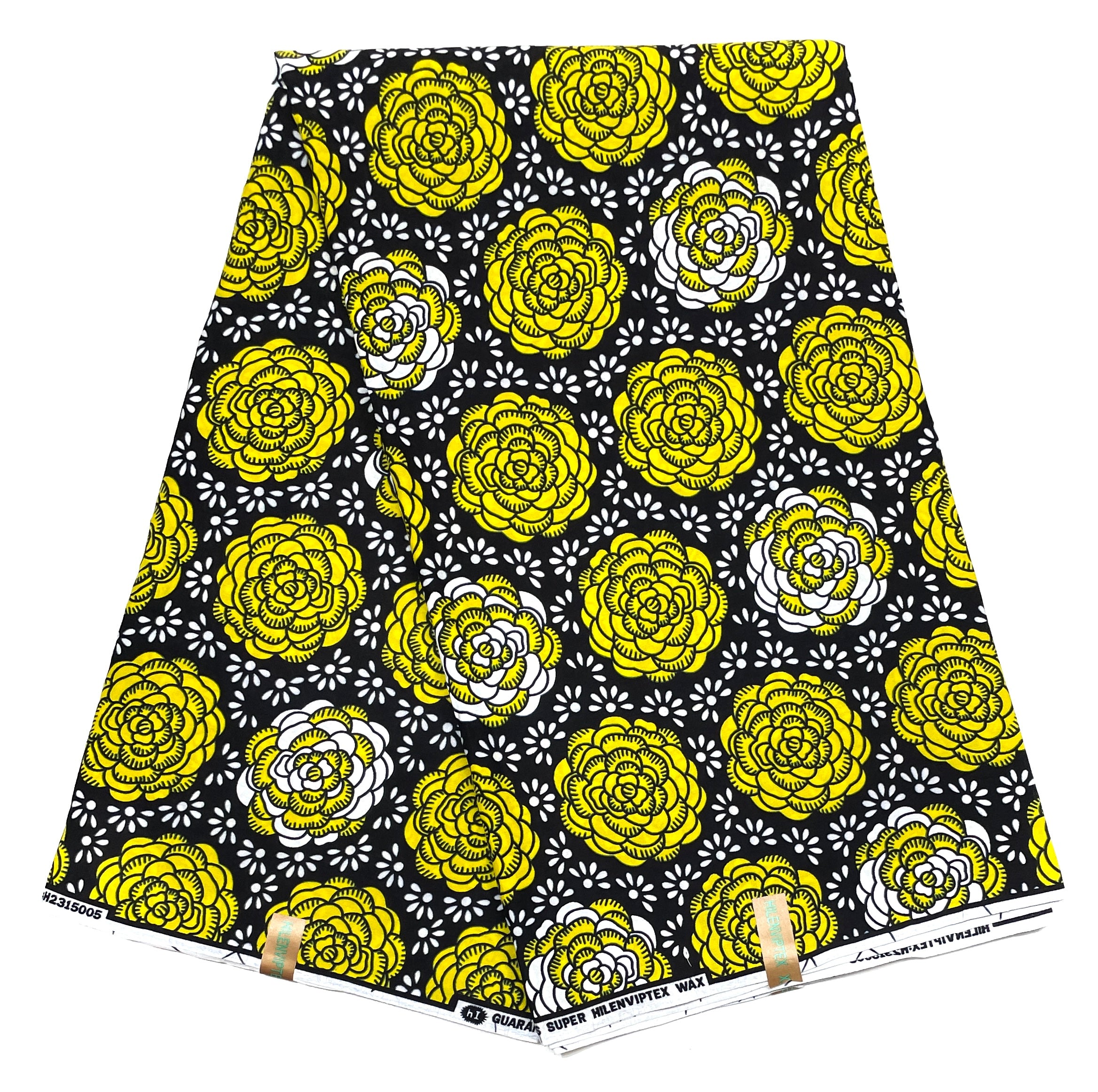 Wax Pagne Africain - Tissu 100% Coton - JAUNE / NOIR / BLANC