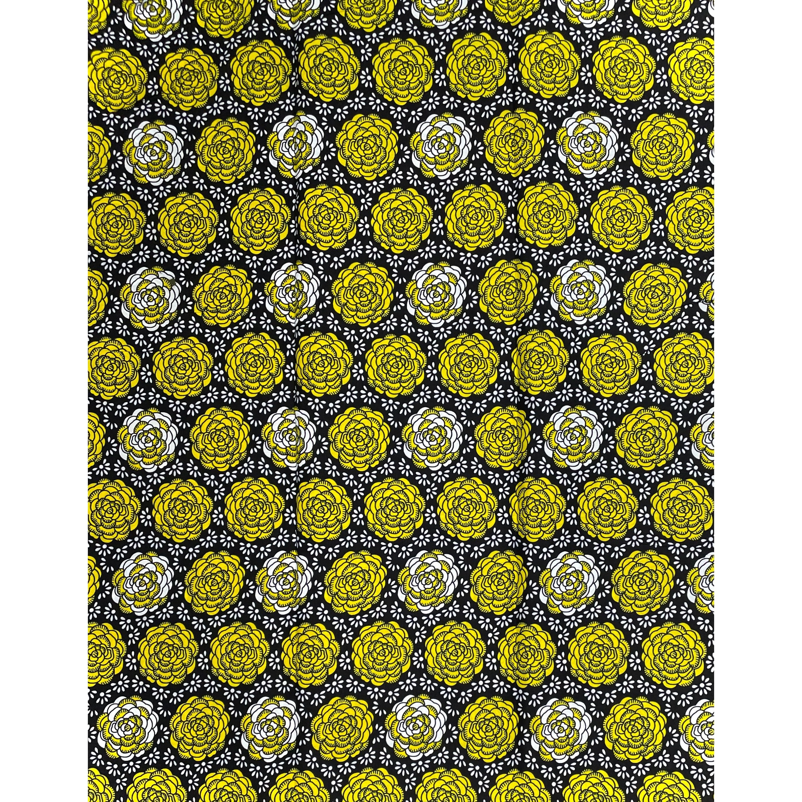 Wax Pagne Africain - Tissu 100% Coton - JAUNE / NOIR / BLANC