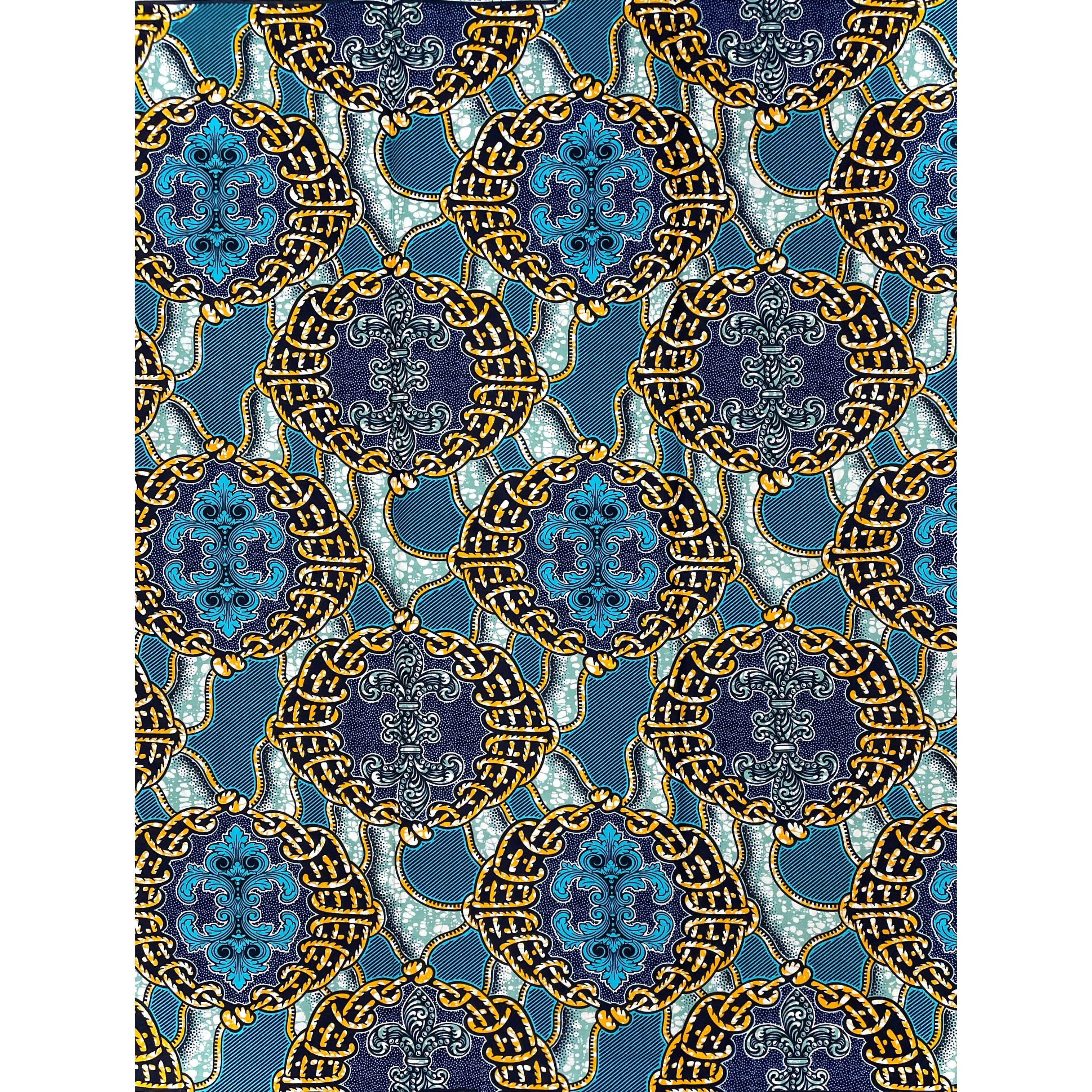 Wax Pagne Africain - Tissu 6 Yards 100% Coton - BLEU / ORANGE