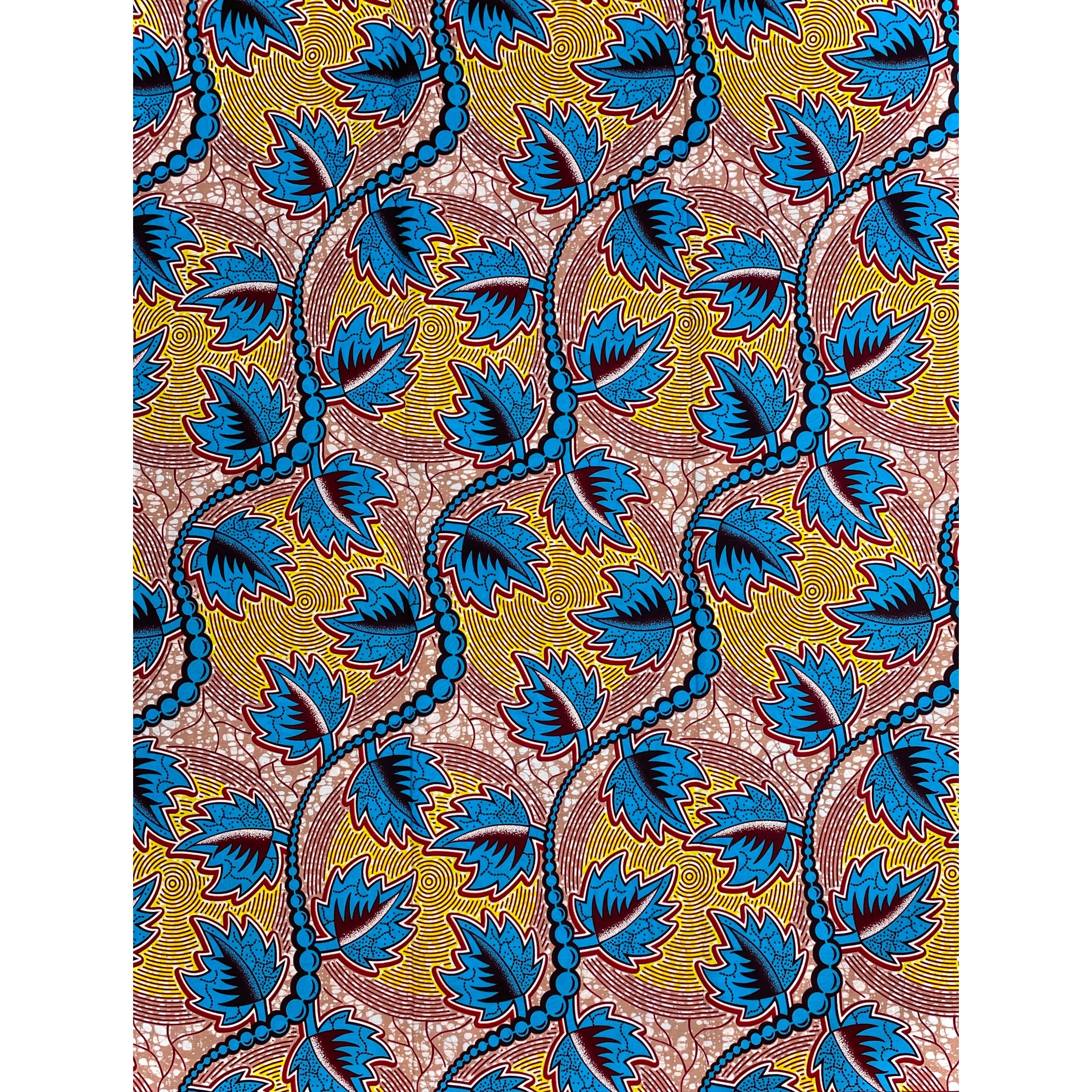 Wax Pagne Africain - Tissu 6 Yards 100% Coton - BLEU / JAUNE