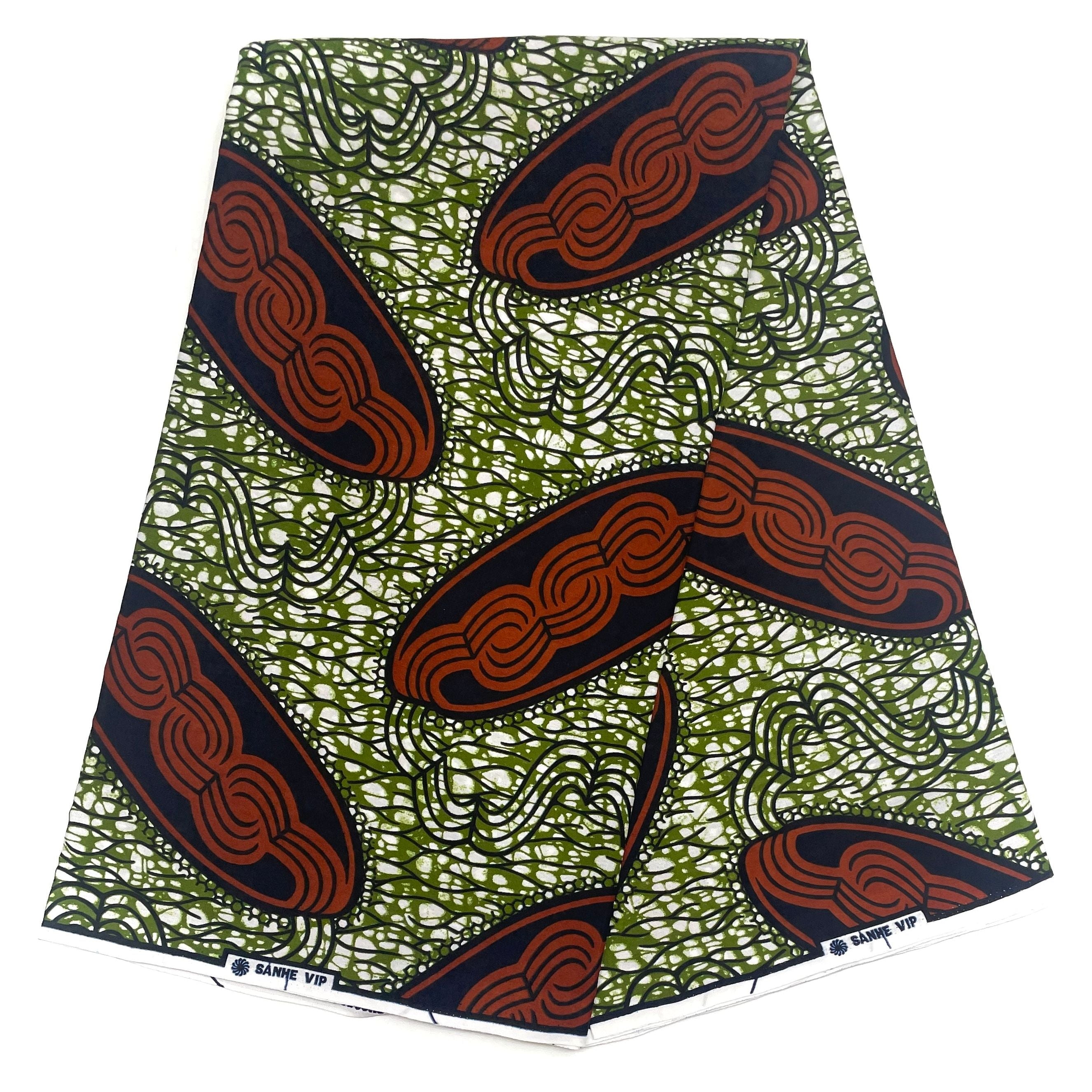 Wax Pagne Africain - Tissu 6 Yards 100% Coton - VERT / MARRON