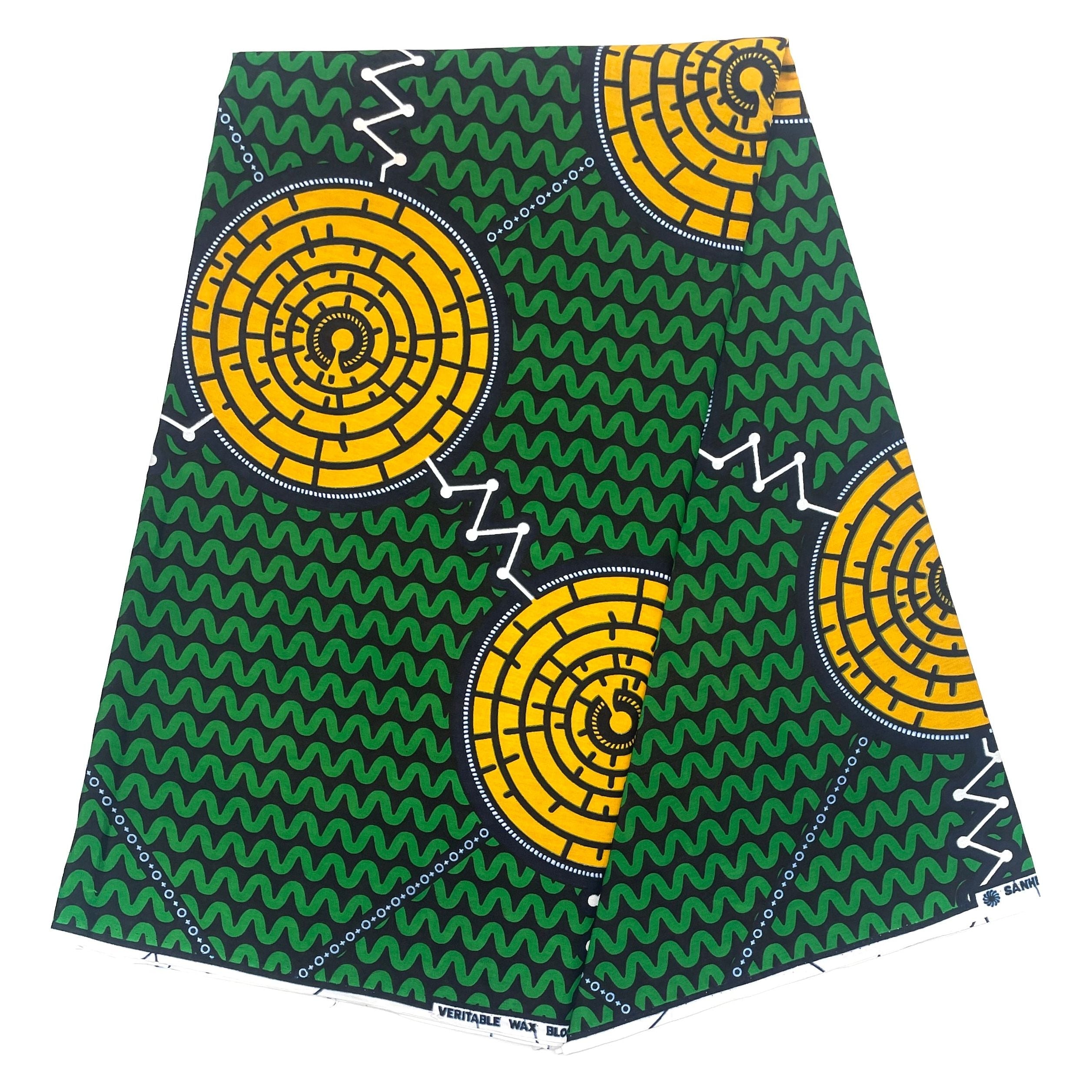 Wax Tissu Pagne Africain - Coupon 2 Yards 100% Coton - VERT / JAUNE