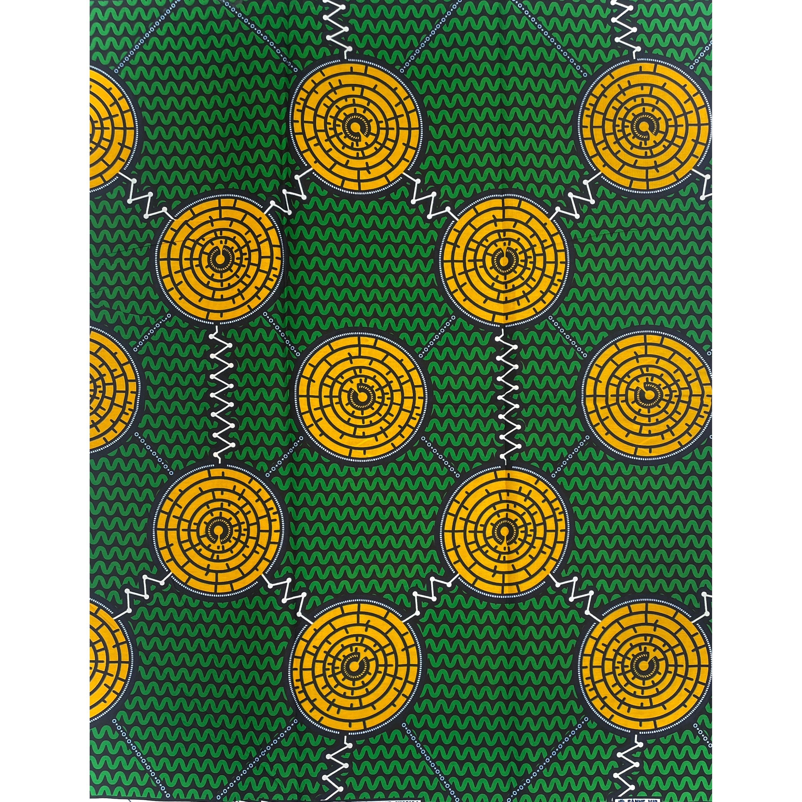 Wax Tissu Pagne Africain - Coupon 2 Yards 100% Coton - VERT / JAUNE