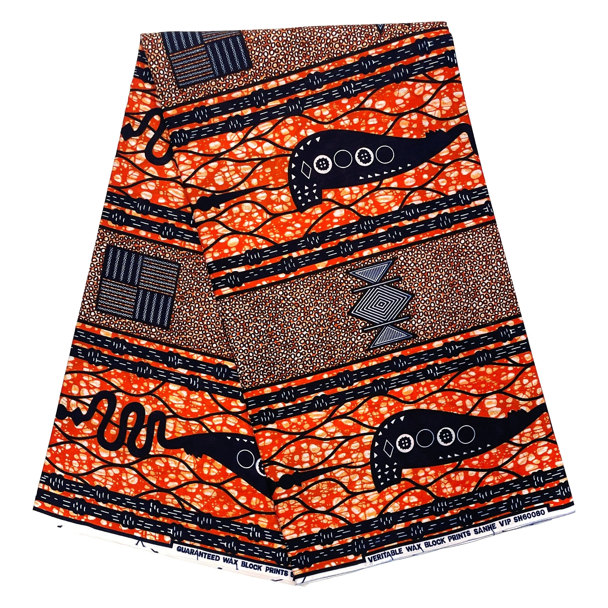 Wax Tissu Pagne Africain - Coupon 2 Yards 100% Coton - ORANGE / BLEU