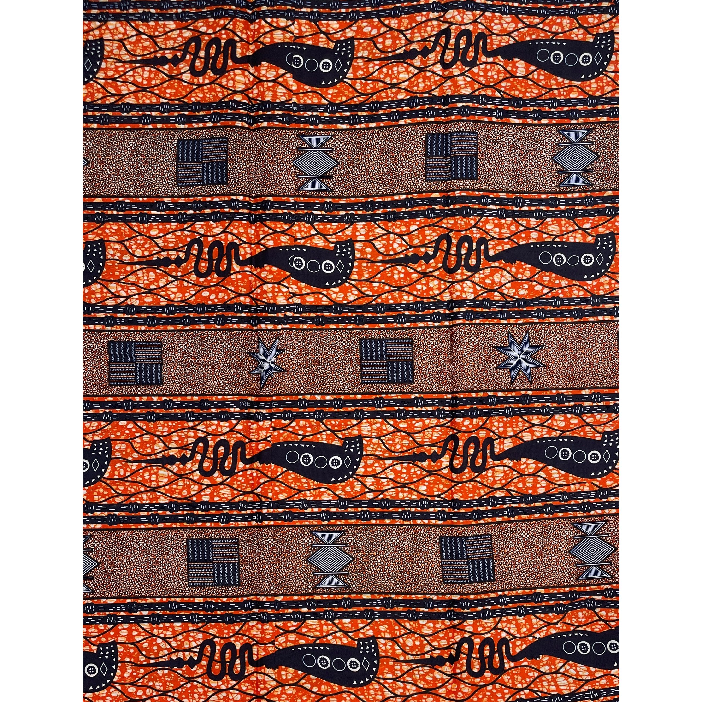 Wax Tissu Pagne Africain - Coupon 2 Yards 100% Coton - ORANGE / BLEU