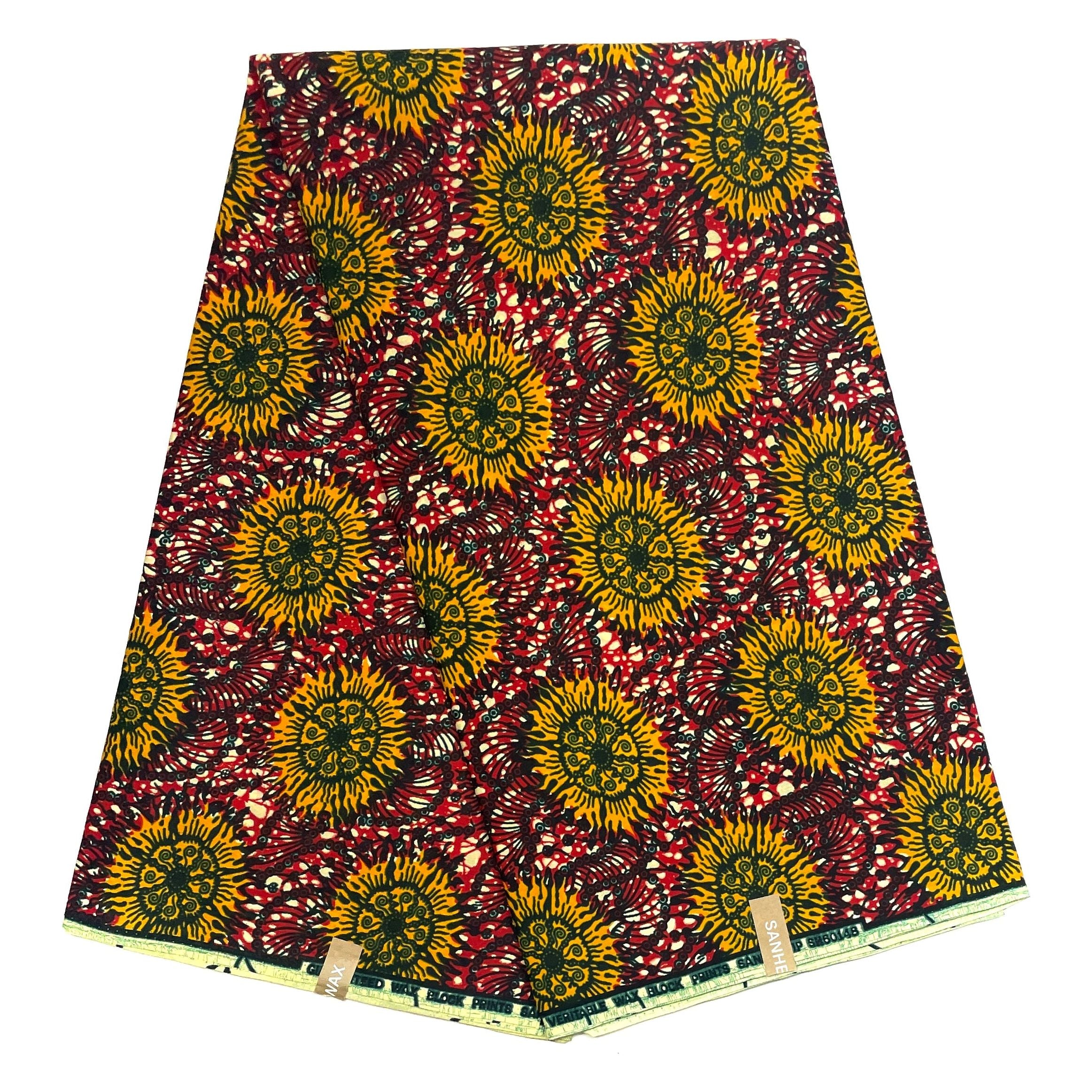 Wax Tissu Pagne Africain - Coupon 2 Yards 100% Coton - ROUGE / JAUNE