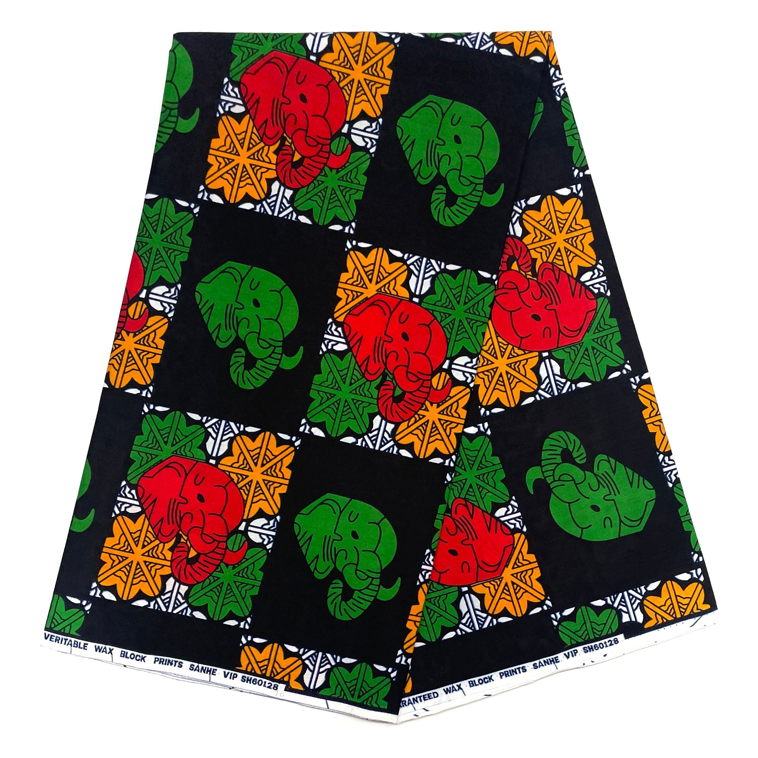 Wax Tissu Pagne Africain - Coupon 2 Yards 100% Coton - NOIR / ROUGE / VERT