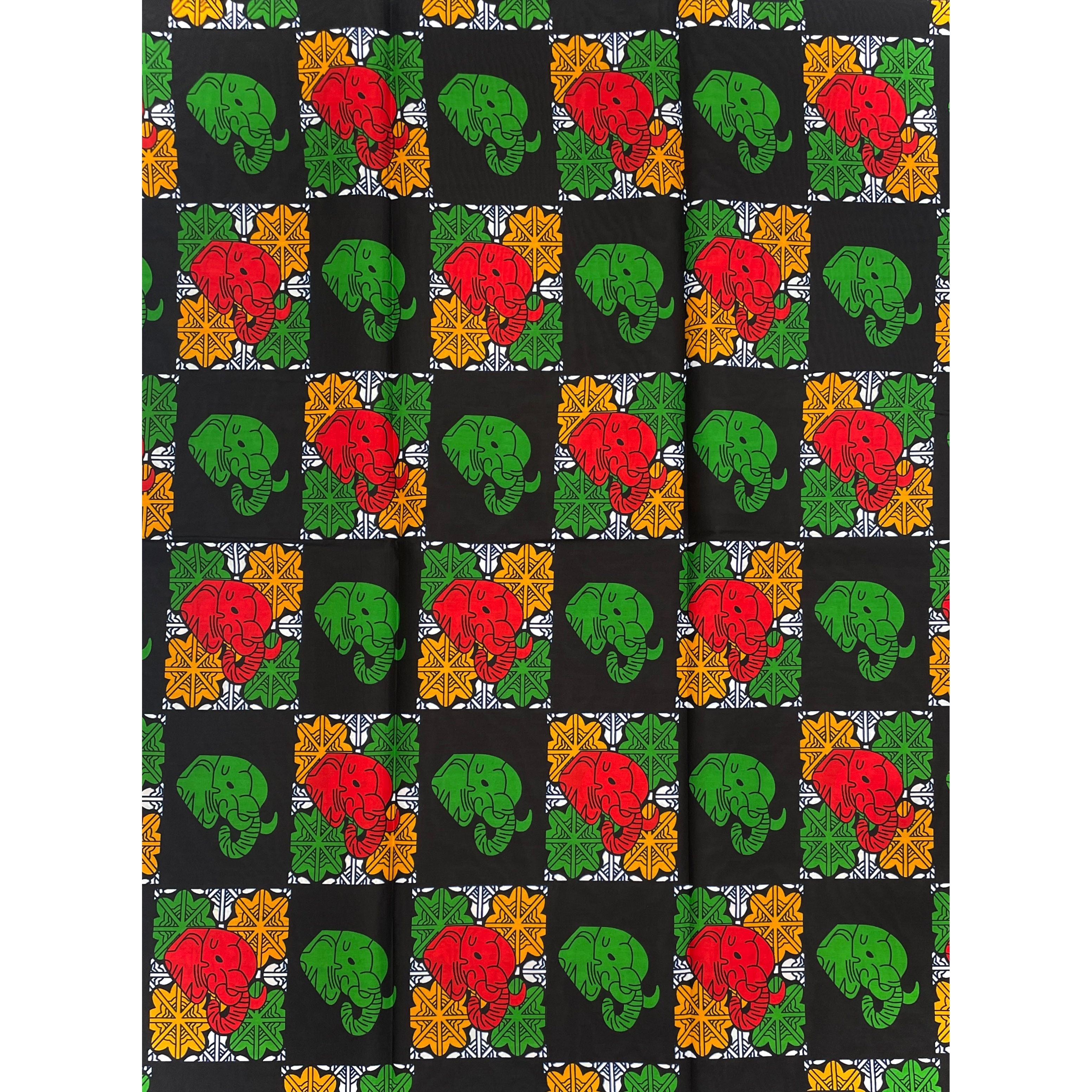 Wax Tissu Pagne Africain - Coupon 2 Yards 100% Coton - NOIR / ROUGE / VERT