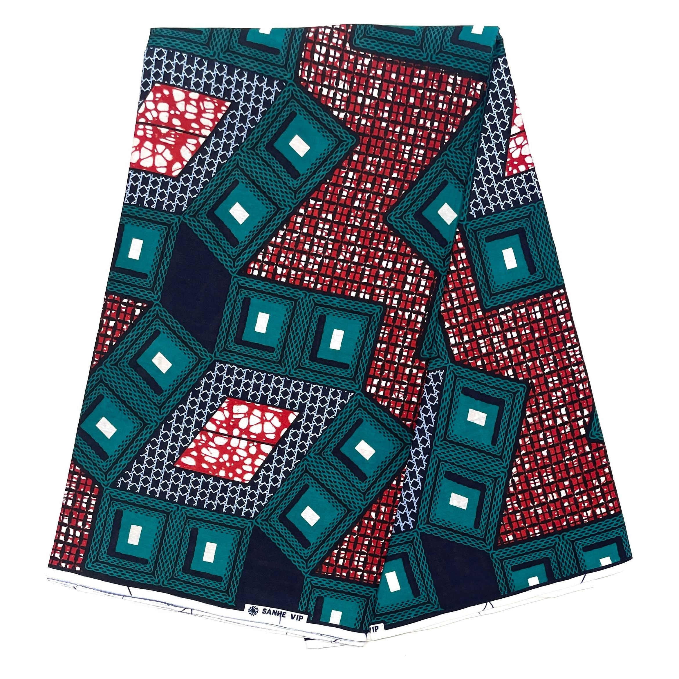 Wax Tissu Pagne Africain - Coupon 2 Yards 100% Coton - TURQUOISE / ROUGE