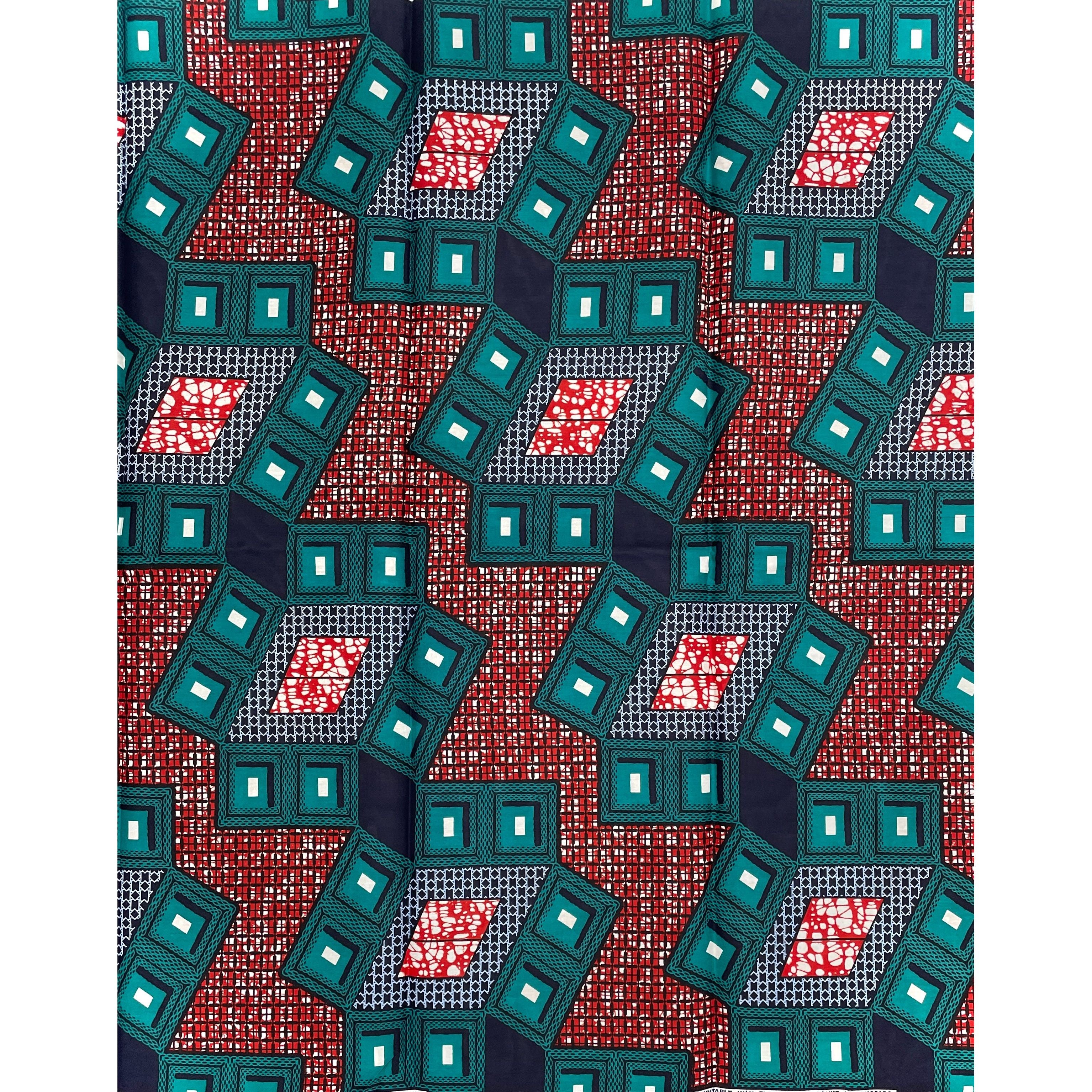 Wax Tissu Pagne Africain - Coupon 2 Yards 100% Coton - TURQUOISE / ROUGE