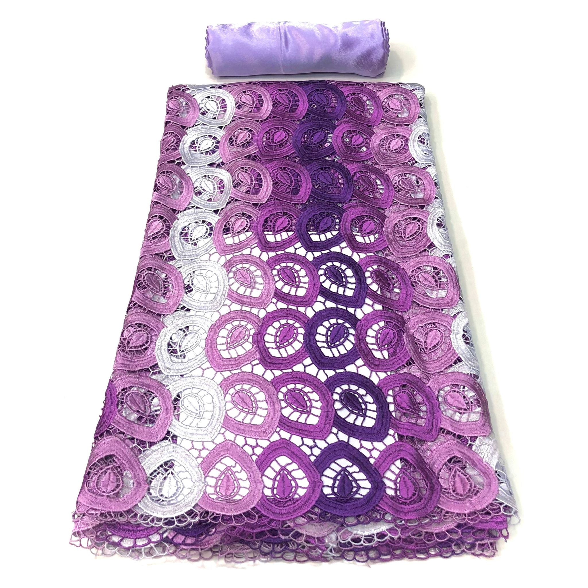 Dentelle Guipure Broderie Africaine - Tissu 4 Yards Coton - VIOLET / BLANC