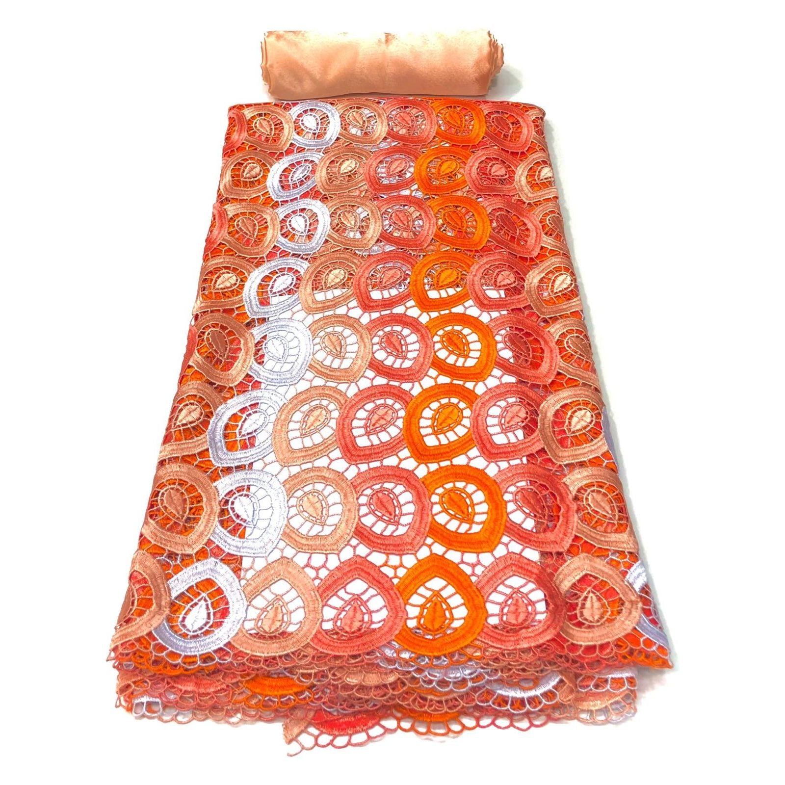 Dentelle Guipure Broderie Africaine - Tissu 4 Yards Coton - ORANGE / SAUMON